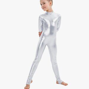Girls Metallic Mock Neck Unitard Long Sleeve Zipper Back One Piece Bodysuit